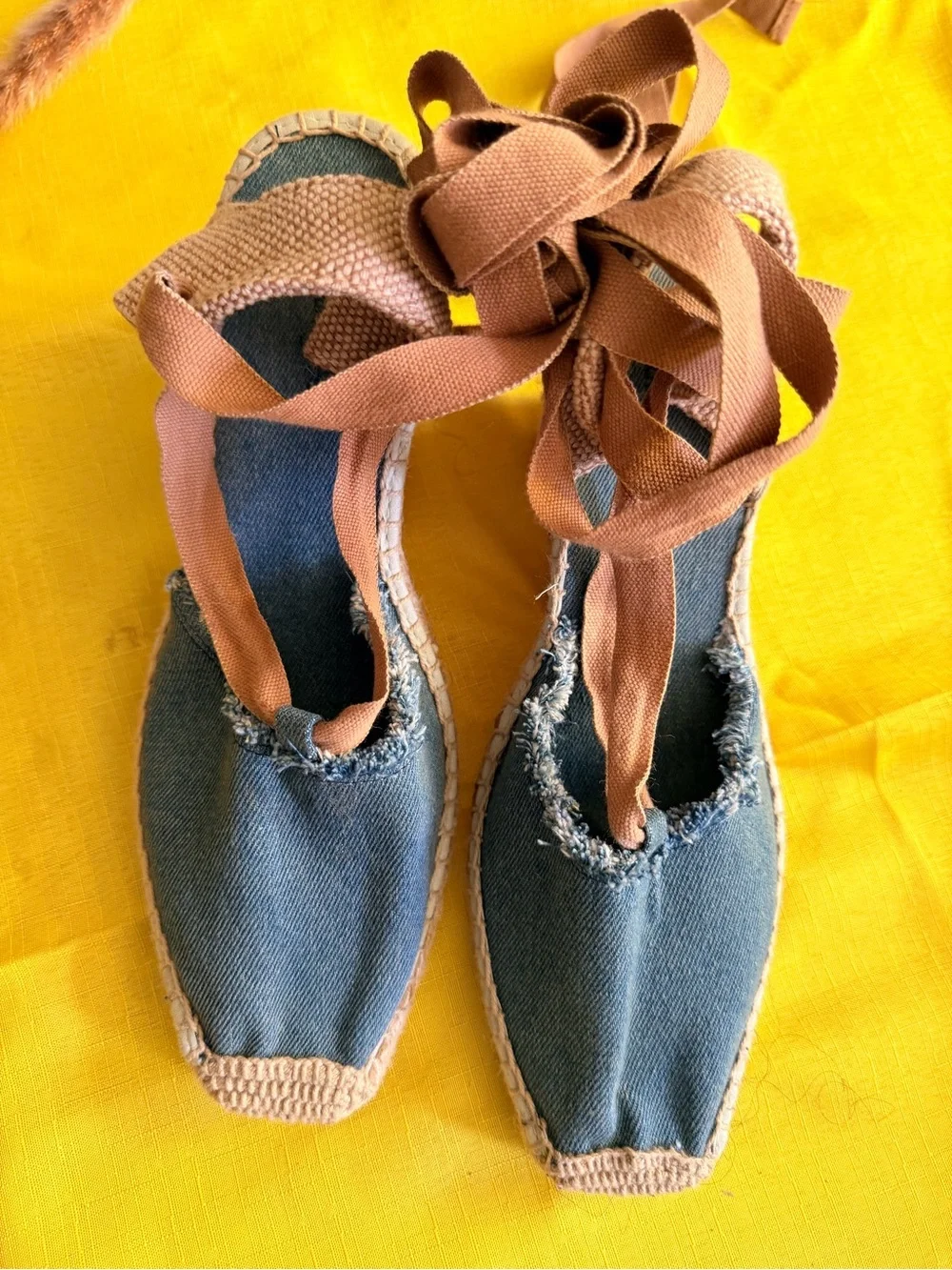 Toms Blue Canvas Espadrille Wrap Sandals with Brown Ties